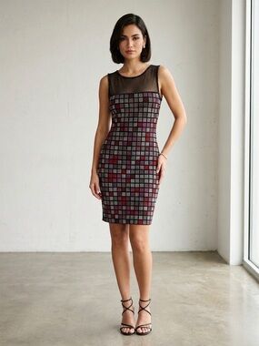 Grayse Mesh Checkered Sparkle Rinestone Sheath Sleeveless Dress Size S